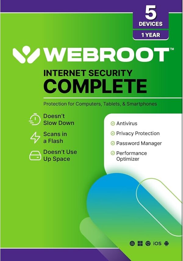 Webroot Internet Security Complete | Antivirus Software 2025 | 5 Device | 1 Year